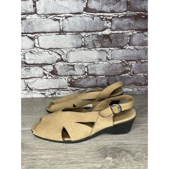 ARCHE Tan Brown Nubuck Leather Peep Toe Slingback Wedge Women’s Sz 42EU/11M US - Picture 13 of 16